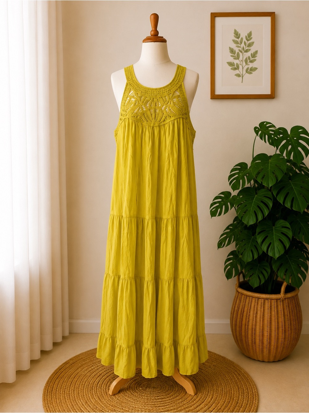 Luxology Mustard Yellow Crochet Lace Tiered Boho Maxi Dress